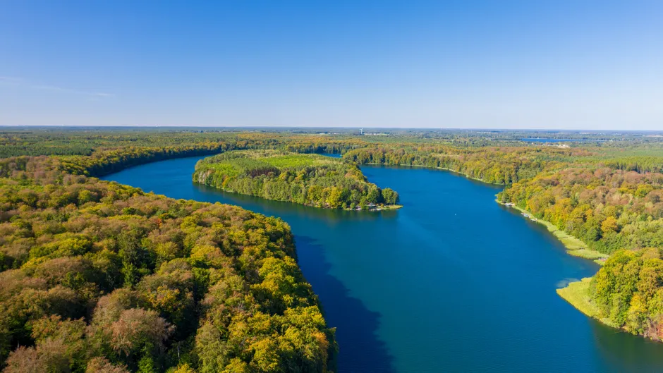 Liepnitzsee bei Wandlitz in Brandenburg von schräg oben, strahlend blaues Wasser in grüner Waldumgebung